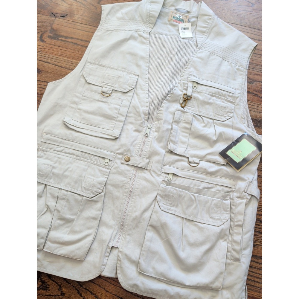 Vintage NWT RedHead Fishing Vest  Beige Men's L Multi Pockets Vented Utility